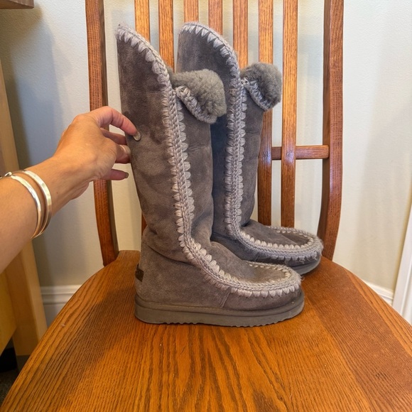 Mou Leather Shearling Crochet Stitch Extra Tall Boots Grey Platform Sole Size 5 - Picture 2 of 11